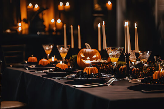Banquete para Halloween. Calabazas de Halloween sobre una mesa decorada. Decoración en naranja y negro. Ilustración creada con herramientas generativas de IA.	
