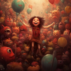 A happy girl with a balloon walking among friendly creatures