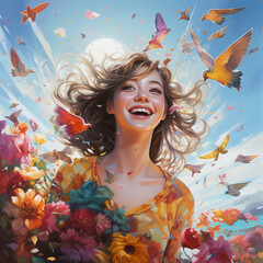 a laughing happy woman surrounded by flowers and birds