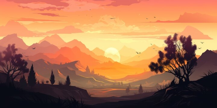 Beautiful sunset landscape illustration. Beautiful colorful landscape of mountains, lake, forests and meadows
