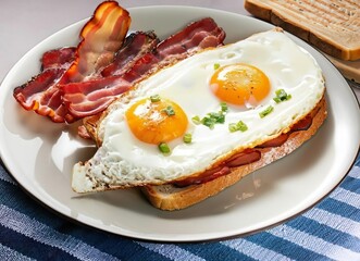 a plate of food with eggs, bacon and toast