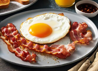 a plate of food with eggs, bacon and toast