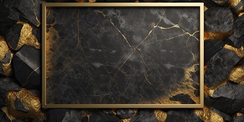 Minimalist Beauty. Square Golden Frame on Black Stone Background