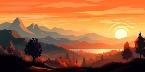 Beautiful sunset landscape illustration. Beautiful colorful landscape of mountains, lake, forests and meadows