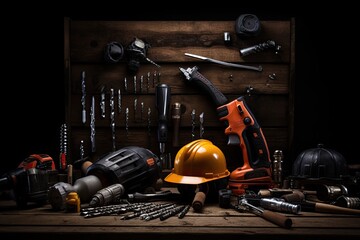drill, helmet and construction tool on dark wooden background