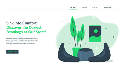 Website Landing Page Layout. E-commerce landing page. Home landing page. Comfort illustration. Beanbags e-commerce web. Furniture web design. Online shop. Business landing page.