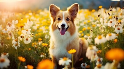 Charming corgi dog with flowers in the spring. 