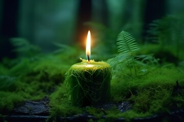 Burning candle on moss, dark green blurred the natural background. Magic candle. 