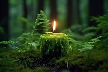 Burning candle on moss, dark green blurred the natural background. Magic candle. 