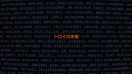 Fototapeta premium Cyber attack. Translation: trojan horse. Vulnerability text in binary system ascii art style, code on editor screen.,Japanese language,text in Japanese