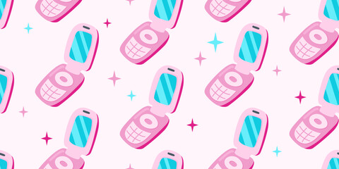 90s 00s seamless pattern pink glamorous flip mobile phone and stars in flat cartoon style. Vector illustration