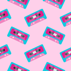 Obraz premium 90s seamless pattern retro cassette in flat cartoon style. Pink retro music background