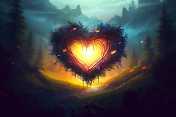 Obraz premium Colorful fantasy heart, light beam, green forest field. 