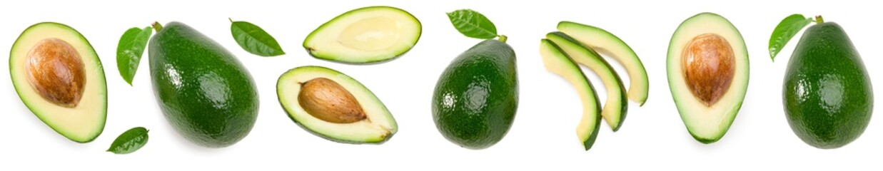 fresh avocado with slices isolated on white background. top view. clipping path