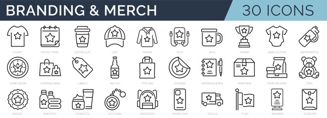 Fototapeta na wymiar Set of 30 outline icons related to branding and merch. Linear icon collection. Editable stroke. Vector illustration