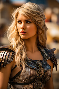 Warrior Maiden: A Beautiful Young Female Gladiator Viking with Blond Hair and Blue Eyes - generative ai