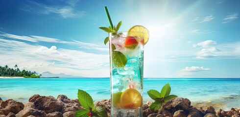 Summer Tropical mojito Cocktail drink,  tropical island on the horizon, vacation paradise