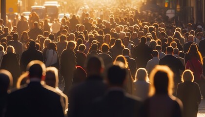 Crowd of people walking busy city street backlit. 