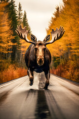 Magnificent Moose in Autumn on The Road - generative ai