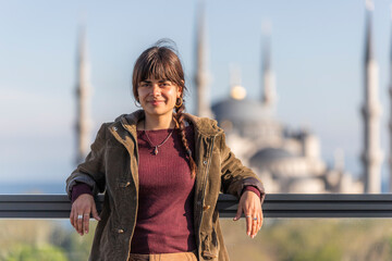 View of the Sultanahmet Camii (the Blue Mosque) in Sultanahmet district along the Bosphorus strait, European side of Istanbul, Turkey.