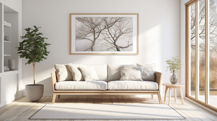 Sunny Scandinavian Interior With Cozy Couch and Picture Hanging on Wall