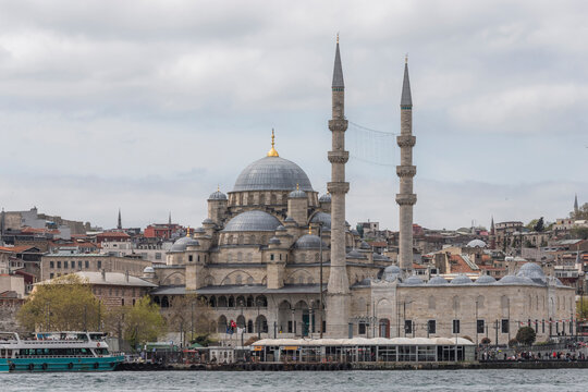 View of Suleymaniye Mosque along the Bosphorus channel in Istanbul, Turkey.