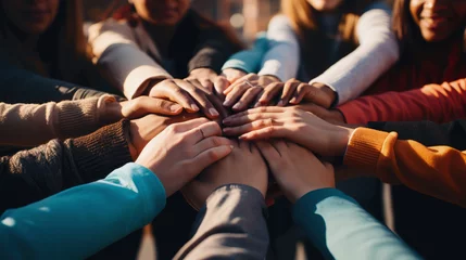 Foto op Plexiglas multiracial people joining hands in a sign of unity. Generative AI © perpis