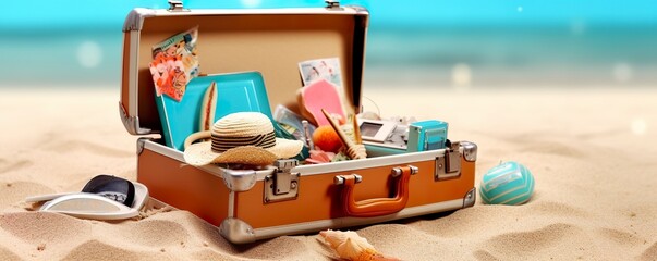 Beach Preparation, Accessories In Suitcase On Sand. 