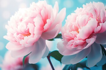 Beautiful pink large flowers peonies on a light blue turquoise background. 