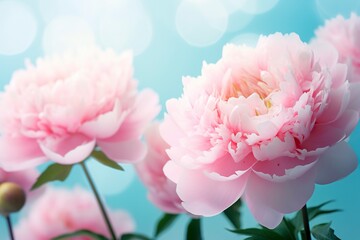 Beautiful pink large flowers peonies on a light blue turquoise background. 