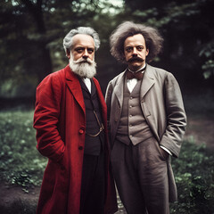 Revolutionary Visionaries: Colourised Portrait of Karl Marx and Trotsky in 1930s - Generative ai