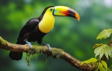 Chesnut mandibled Toucan sitting on the branch in tropical rain with a green jungle. 