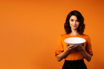Young beautiful stylish woman holding an empty plate or dish isolated on orange background with copy space - Powered by Adobe