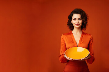 Young beautiful stylish woman holding an empty plate or dish isolated on orange background with copy space