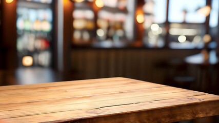 Naklejka na ściany i meble High Quality Image of wooden table in front of abstract blurred Bar lights background