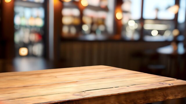 High Quality Image of wooden table in front of abstract blurred Bar lights background