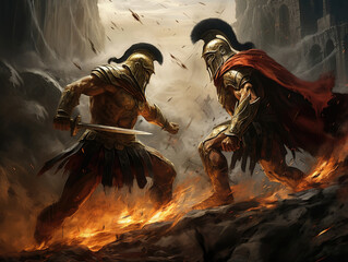 Fight of two Roman soldiers. Digital art.
