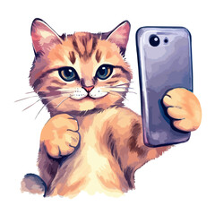 funny cat taking selfie watercolor illustration