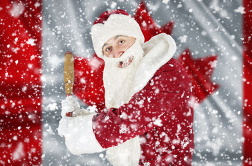 Santa Claus aggressively threatens with a bat against the backdrop of falling snow and the flag of Canada