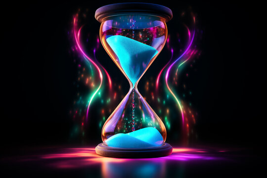 hourglass with shining light on dark background. neon light.