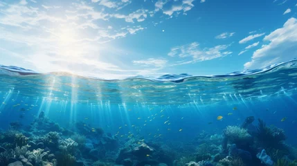 Foto op Aluminium Split underwater view with sunny sky and serene sea © karandaev