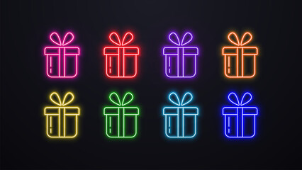 A set of neon glowing gift icons in different colors: blue, green, yellow, red, orange, purple and pink on a dark background.