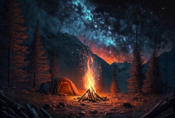Night camping with bonfire and tent under clear starry sky and milky way. generative ai