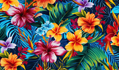 Tropical leaves and flowers floral pattern