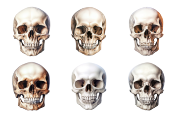 Front view of human skull collection isolated on transparent background