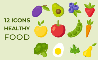 A set of 12 bright icons of fresh, juicy vegetables and fruits. Concept of healthy eating, vegetarian food. For banner, template, editing