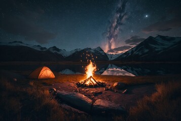Night camping with bonfire and tent under clear starry sky and milky way. generative ai