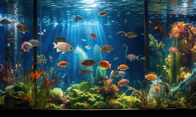 Vibrant aquarium with colorful fish. Close up