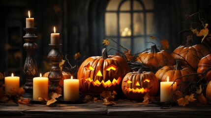 Terrifying Halloween scene with pumpkins