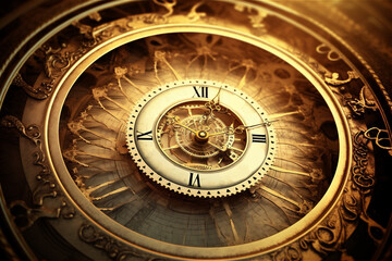 Fototapeta na wymiar Golden yellow antique old clock spiral abstract fractal. Time spiral image.